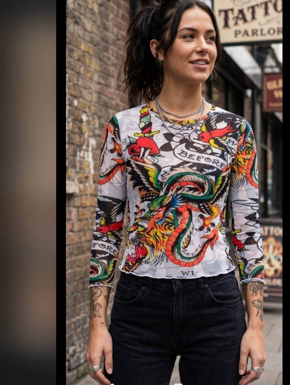 Ed Hardy White Long Sleeve Tattoo-Style Dragon & Tiger Tee